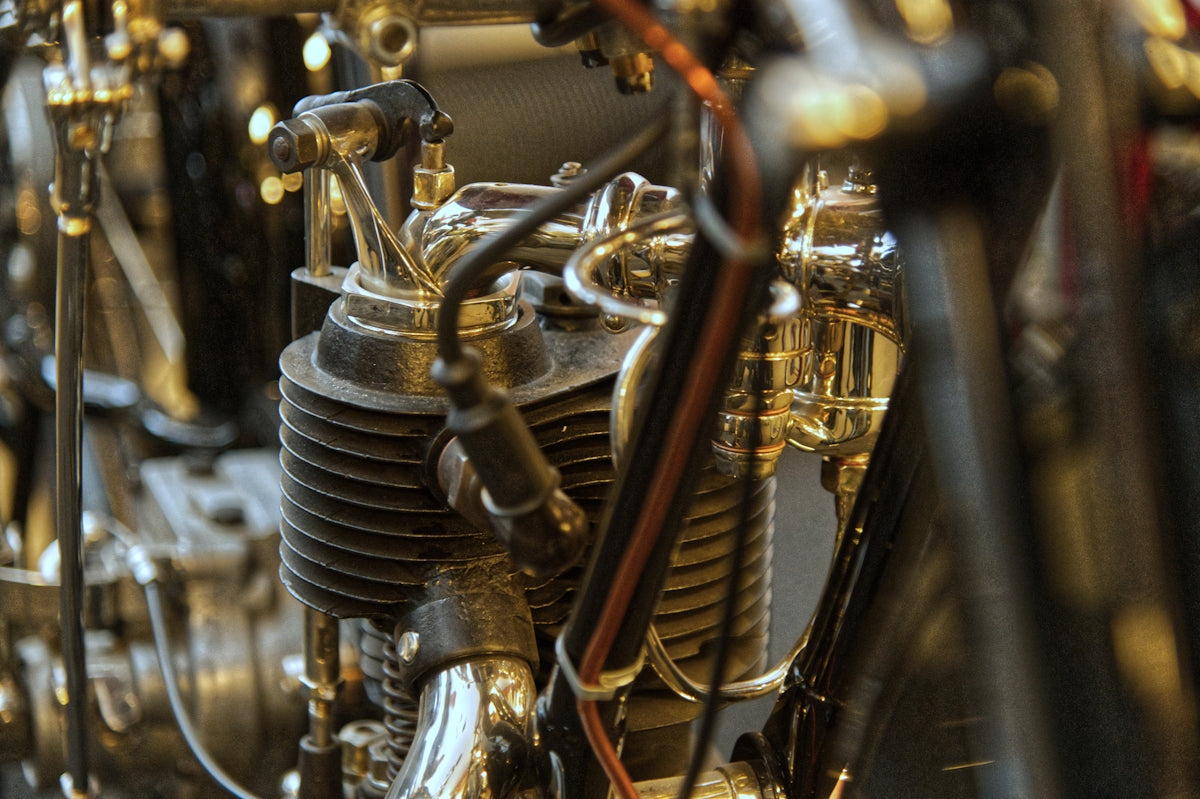 A close-up of a vintage motorcycle engine.