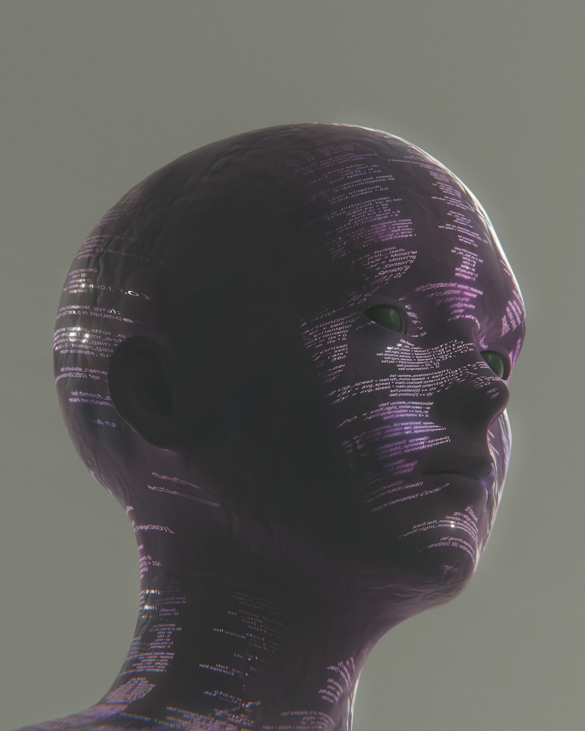 A purple humanoid head with textured markings